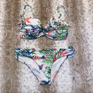 HM TWIST FRONT AND SIDE BIKINI SET in WHITE W/ NEON TROPICAL PATTERN